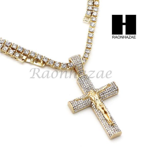 14K GOLD PT Lil JESUS CROSS MIAMI CUBAN 16"~30" CHOKER TENNIS CHAIN S18 - Raonhazae