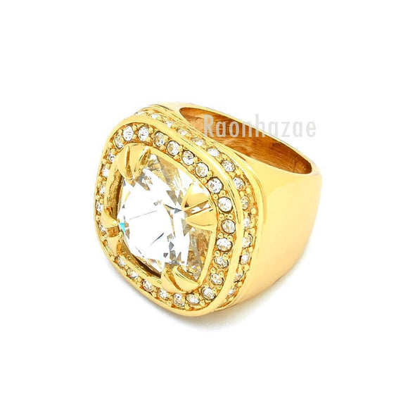 NEW MEN BIG CHUNKY GOLD PLATED RICH GANG CLEAR CRYSTAL CLEAR RING R030G - Raonhazae