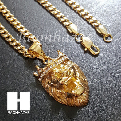316L Stainless steel Gold Bling King Lion w/ 5mm Cuban Chain S23 - Raonhazae