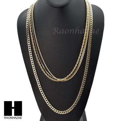 HIP HOP 14K GOLD PT 4 CHAINS ROPE, BOX, 30" CUBAN LINK NECKLACE CHAIN SET GN158G - Raonhazae