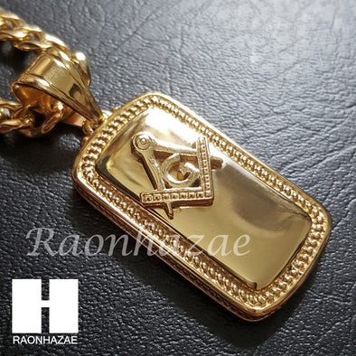 316L Stainless steel Gold Freemason Dog Tag 5mm Cuban Chain SG1 - Raonhazae