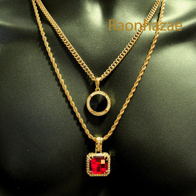 HIP HOP RED RUBY or BLACK ONYX PENDANTS 24" ROPE CUBAN CHAIN COMBO NECKLACE K01 - Raonhazae