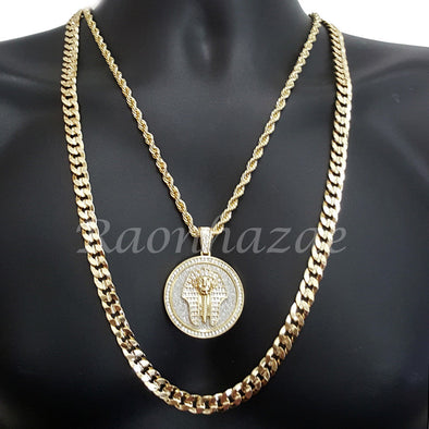 KING-TUT ROUND ROPE CHAIN DIAMOND CUT 30" CUBAN CHAIN NECKLACE SET G38 - Raonhazae