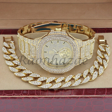 MEN 14K GOLD PT LUXURY BLING WATCH CUBAN BRACELET COMBO SET FM10G - Raonhazae