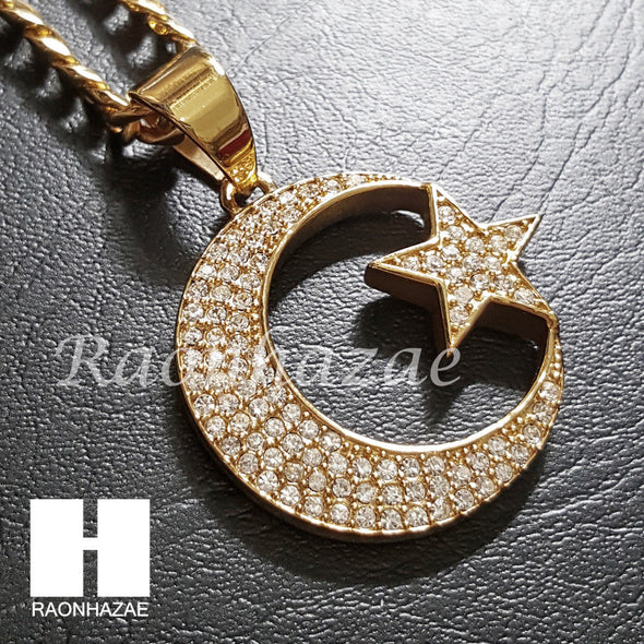 316L Stainless steel Gold Muslim Moon&Star Pendant 5mm Cuban Chain S25 - Raonhazae