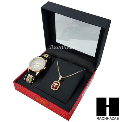 MEN TECHNO PAVE WATCH RED RUBY PENDANT BOX CHAIN NECKLACE GIFT SET SS79 - Raonhazae