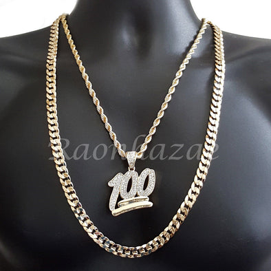 BLING 100 CHARM ROPE CHAIN DIAMOND CUT 30" CUBAN CHAIN NECKLACE SET G32 - Raonhazae