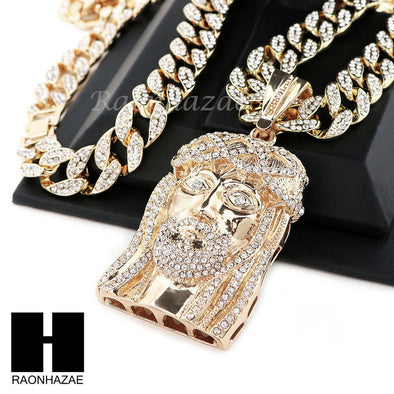 Hip Hop Gold Plated New Jesus Face PAVE Pendant 30" Cuban Link Chain N3 - Raonhazae