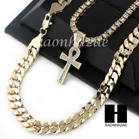 MEN HIP HOP ANKH TENNIS CHAIN DIAMOND CUT 30" CUBAN LINK CHAIN S54 - Raonhazae