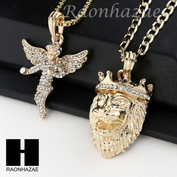 MEN ANGEL & KING LION PENDANT BOX CUBAN CHAIN DOUBLE NECKLACE SET SD05 - Raonhazae