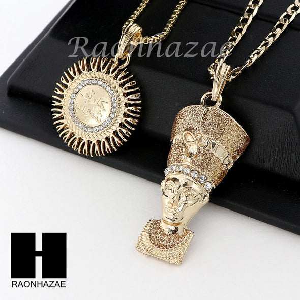 MEN ALLAH & NEFERTITI PENDANT BOX CUBAN CHAIN DOUBLE NECKLACE SET SD06 - Raonhazae