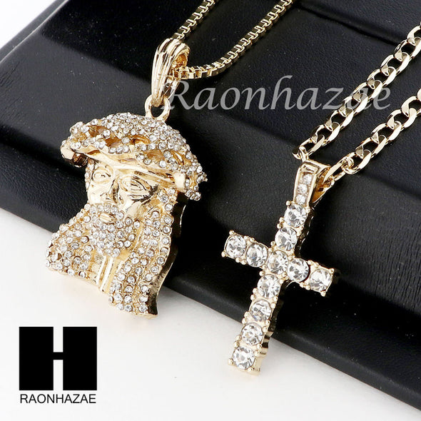 MEN JESUS FACE & CROSS PENDANT BOX CUBAN CHAIN DOUBLE NECKLACE SET SD01 - Raonhazae