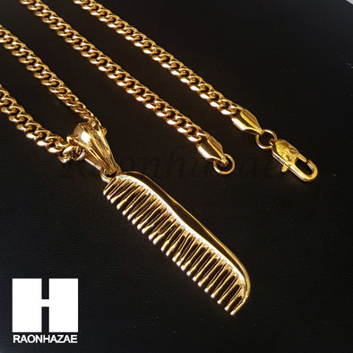 Mens 316L Stainless steel Gold Barber Shop Comb Pendant SS015 - Raonhazae