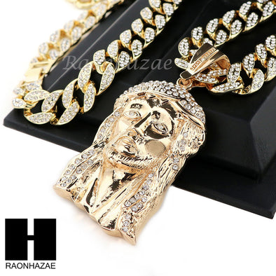 Hip Hop 14k Gold Plated Jesus Face PAVE Pendant 30" Cuban Link Chain N5 - Raonhazae