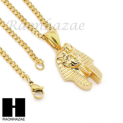 MENS STAINLESS STEEL MINI EGYPTIAN KING-TUT CZ PENDANT 24" CUBAN NECKLACE NP009 - Raonhazae