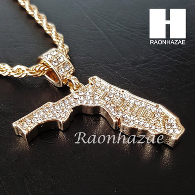 MEN FLORIDA STATE MAP US PENDANT 30" CUBAN LINK CHAIN NECKLACE SET S92G - Raonhazae