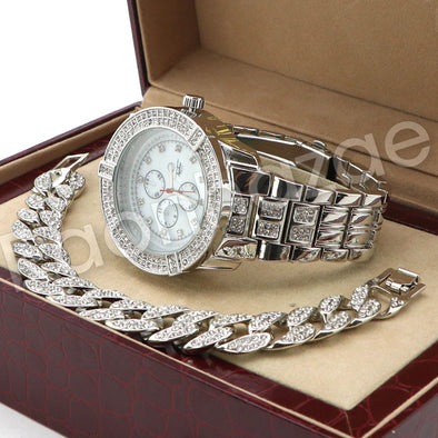 Hip Hop 14K White Gold PT Savage Watch Cuban Chain Bracelet Set F43S - Raonhazae