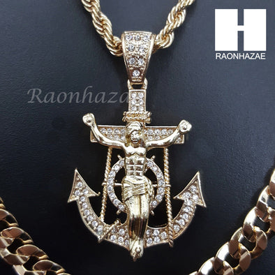 MEN ANCHOR JESUS ROPE CHAIN DIAMOND CUT 30" CUBAN CHAIN NECKLACE SET G1 - Raonhazae