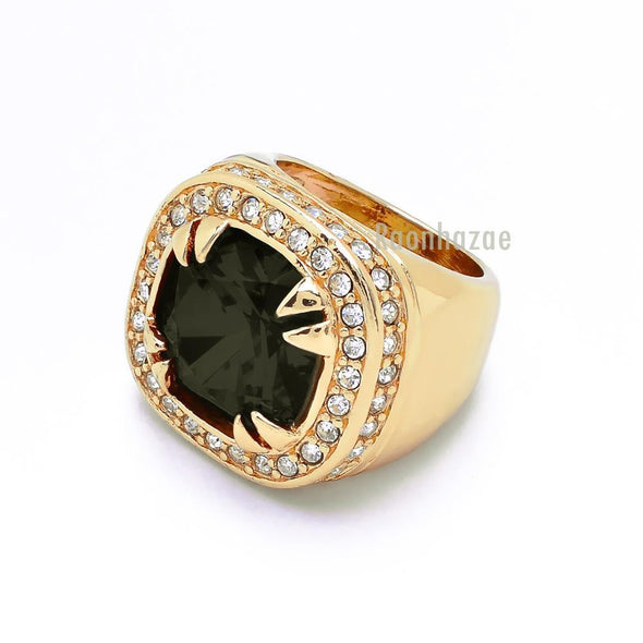 NEW MEN'S BIG CHUNKY GOLD PLATED RICH GANG JET BLACK RING R031G - Raonhazae