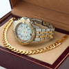 Silver PT Designer Bezel Metal Band Round Watch Diamond Cut Cuban Bracelet G98S - Raonhazae