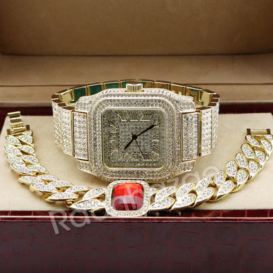 Hip Hop 14K Gold Simulated Diamond Watch Ruby Cuban Bracelet Set F46 - Raonhazae