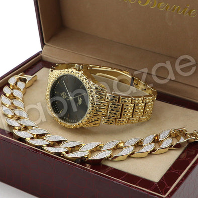 Hip Hop 14K Gold PT Black Gold Nugget Watch Sandblast Bracelet Set F28G - Raonhazae