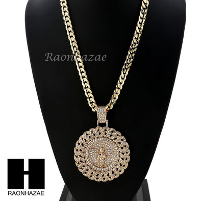L ANGEL ROUND PENDANT & DIAMOND CUT CUBAN LINK CHAIN NECKLACE NN54 - Raonhazae