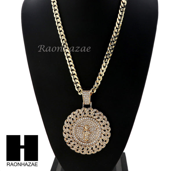 L ANGEL ROUND PENDANT & DIAMOND CUT CUBAN LINK CHAIN NECKLACE NN54 - Raonhazae