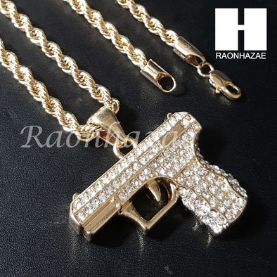 HIP HOP HAND GUN CHAIN DIAMOND CUT 30" CUBAN LINK CHAIN NECKLACE S078 - Raonhazae