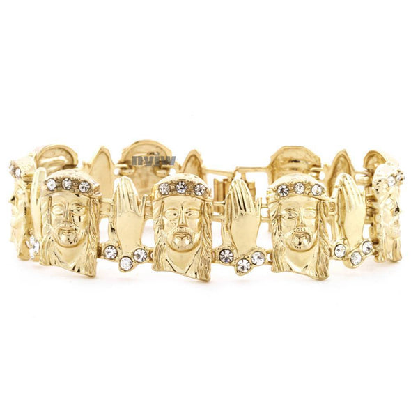 GOLD JESUS FACE PRAY HAND MICRO PAVE SIMULATED DIAMOND BRACELET KB014G - Raonhazae