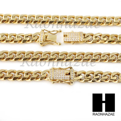 Men 18k Gold Plated 10mm Diamond Clasp Cuban Miami Link Bracelet & Chain Set S02 - Raonhazae