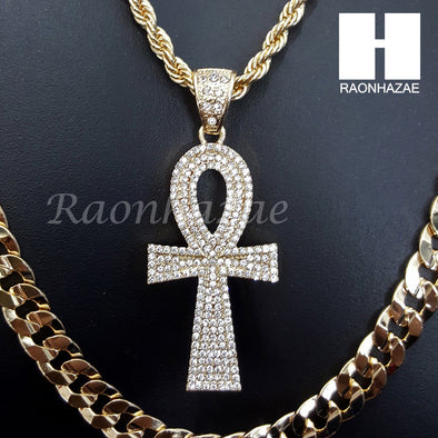 MEN ANKH PENDANT ROPE CHAIN DIAMOND CUT 30" CUBAN CHAIN NECKLACE SET G2 - Raonhazae