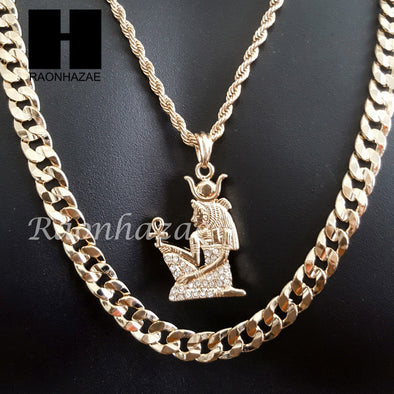 MEN GOLD NEFERTITI ANKH CHARM CUT 30" CUBAN LINK CHAIN NECKLACE S083G - Raonhazae