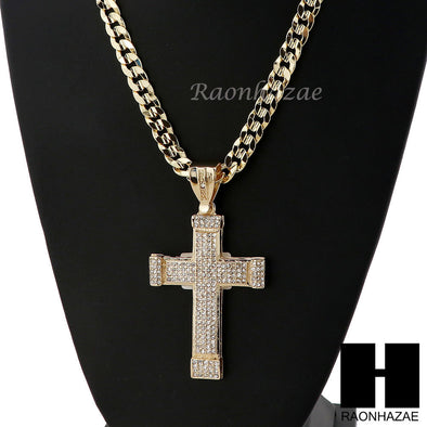 MENS LARGE CROSS PENDANT & DIAMOND CUT CUBAN LINK CHAIN NECKLACE N46 - Raonhazae