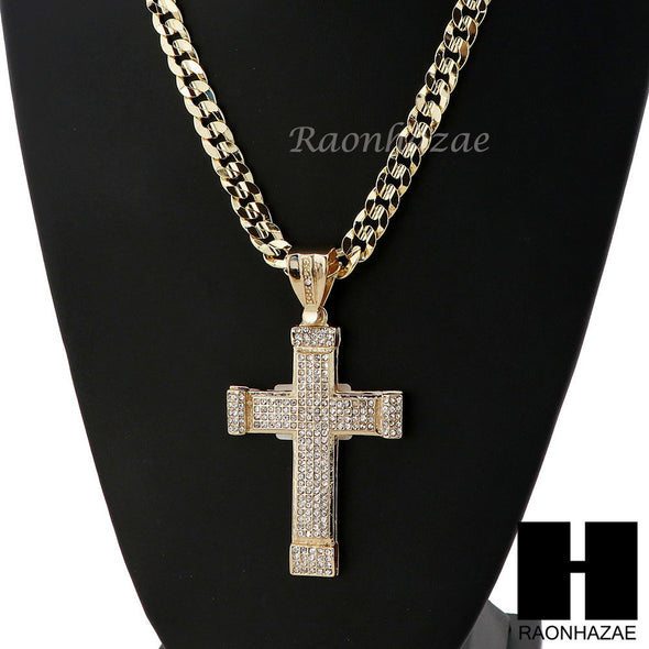 MENS LARGE CROSS PENDANT & DIAMOND CUT CUBAN LINK CHAIN NECKLACE N46 - Raonhazae