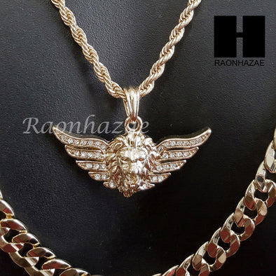 MEN GOLD MIGOS LION CROSS CHARM CUT 30" CUBAN LINK CHAIN NECKLACE S085G - Raonhazae