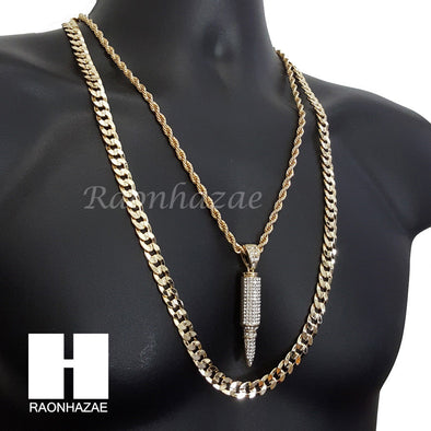 BULLET CHARM ROPE CHAIN DIAMOND CUT 30" CUBAN CHAIN NECKLACE SET G6 - Raonhazae