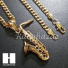 316L Stainless steel Gold Bling Saxophone w/ 5mm Cuban Chain SG8 - Raonhazae