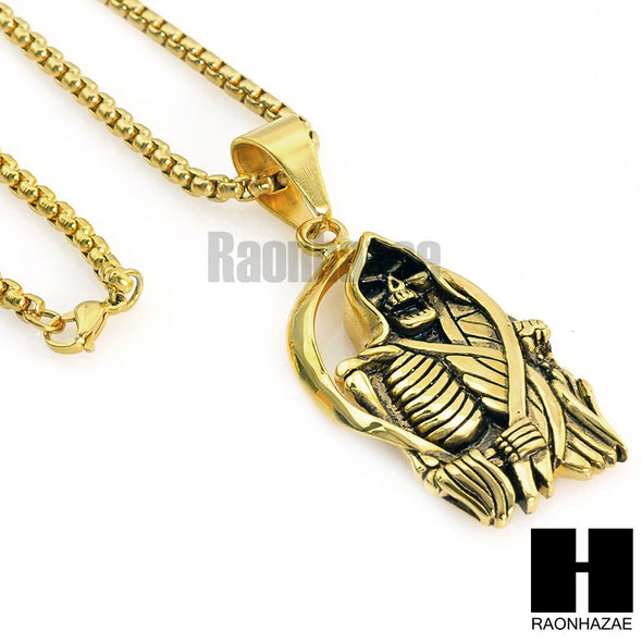 316L STAINLESS STEEL SAINT DEATH SANTA MUERTE GOLD PENDANT W 24" BOX CHAIN NECKLACE 2 - Raonhazae