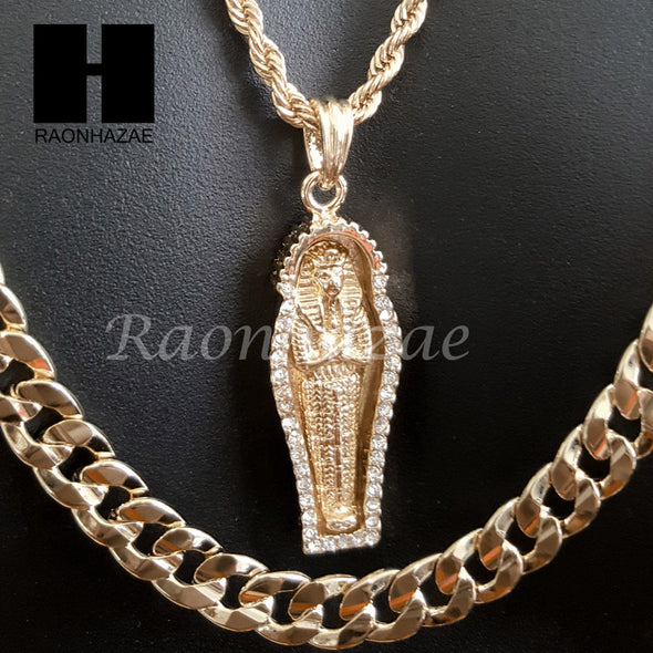 MEN GOLD KING TUT MUMMY CHARM CUT 30" CUBAN LINK CHAIN NECKLACE S084G - Raonhazae