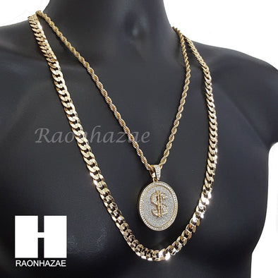 DOLLA $IGN CHARM ROPE CHAIN DIAMOND CUT 30" CUBAN CHAIN NECKLACE SET G8 - Raonhazae