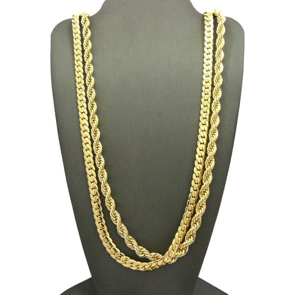 Men 14K Gold Plated 6mm 30" Rope & 6mm 30" Miami Cuban Link Chain Necklace SN09 - Raonhazae