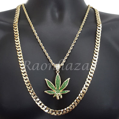 MENS MARIJUANA CHARM ROPE CHAIN DIAMOND CUT 30" CUBAN CHAIN NECKLACE SET G42 - Raonhazae