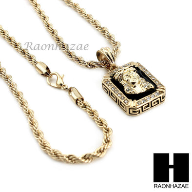 MENS GOLD BLACK ONYX JESUS FACE CZ PENDANT 24" ROPE NECKLACE SET N019 - Raonhazae