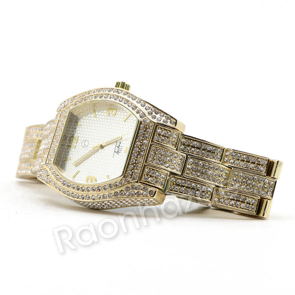 14K Gold PT Oval Shape Watch Ruby Cuban Chain Bling Bracelet Set F66G - Raonhazae