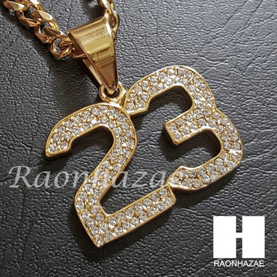 316L Stainless steel Gold Bling Number 23 w/ 5mm Cuban Chain SG5 - Raonhazae