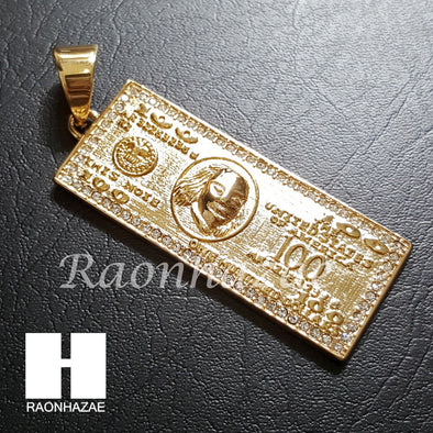 316L Stainless steel Gold Benjamin $100 Bill 5mm Cuban Chain S13 - Raonhazae