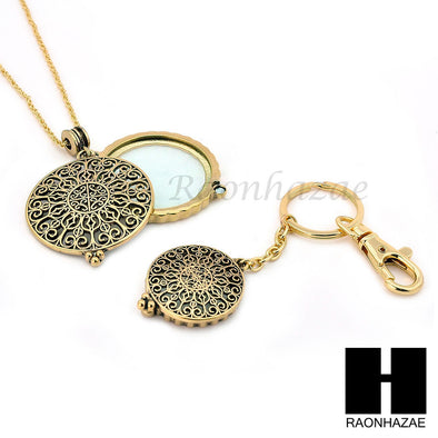 Gold 5X Magnifying Glass Round Filigree Key Chain Pendant Chain Necklace Set SJ3G - Raonhazae