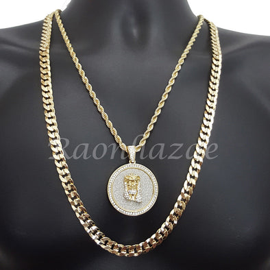 JESUS FACE ROUND ROPE CHAIN DIAMOND CUT 30" CUBAN CHAIN NECKLACE SET 27 - Raonhazae