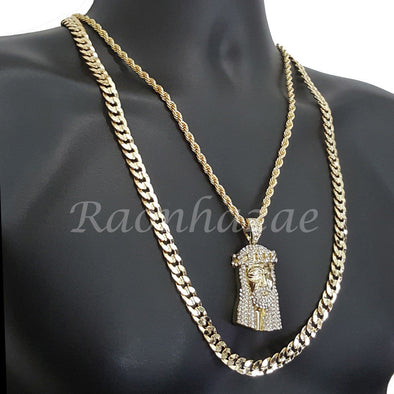 JESUS FACE ROPE CHAIN DIAMOND CUT 30" CUBAN CHAIN NECKLACE SET G21 - Raonhazae